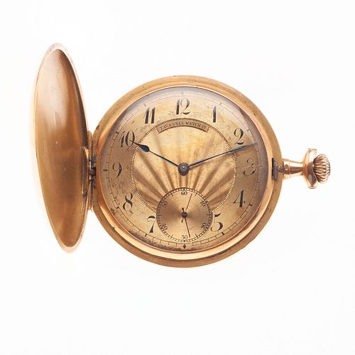 Reloj de bolsillo Tavannes Watch Co. Caja en oro amarillo de 18k. Carátula color dorado con índices de números arábigos. Peso:...