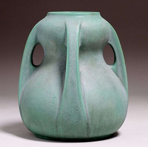 Massive Teco Pottery #287A Double-Gourd Matte Green Buttress Vase c1910