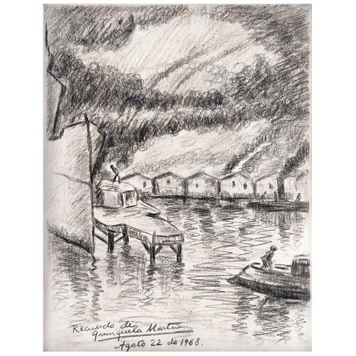 BENITO QUINQUELA MARTÍN, Llegando al dock, Firmado y fechado Agosto 22 de 1968, Carboncillo sobre papel, 21.5 x 27 cm, Certificado