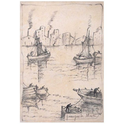 BENITO QUINQUELA MARTÍN, Volviendo de la pesca, Firmado al frente y al reverso, Carboncillo sobre papel, 48 x 33 cm, Con certificado