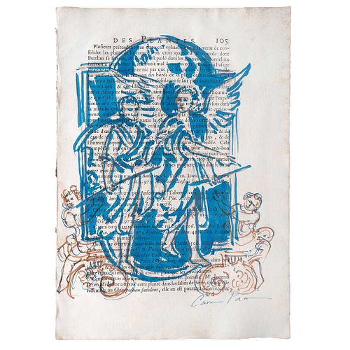 CARMEN PARRA, San Gabriel (desplantes), Firmado, Gouache, plumón y lápiz de color sobre papel de libro antiguo, 34.5 x 25 cm,Constancia