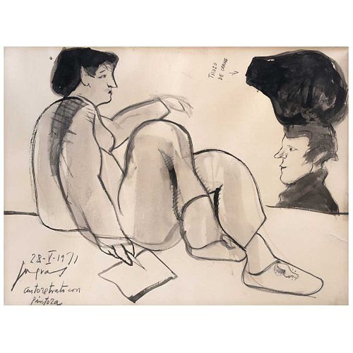 JOSÉ LUIS CUEVAS, Autorretrato con pintora, Firmada y fechada 28-V-1971, Tinta sobre papel, 23.5 x 31.5 cm