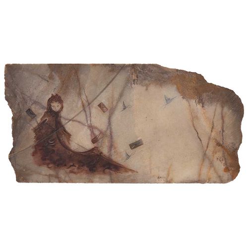 SOFÍA BASSI, Autorretrato, Firmado y referenciado ELC, Óleo sobre placa de mármol, 25.5 x 51 cm, Con certificado