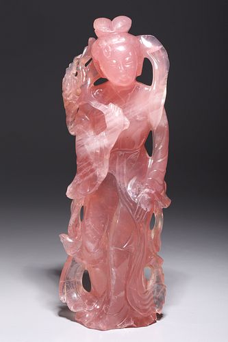 Chinese Carved Rose Quartz Guanyin Statue
