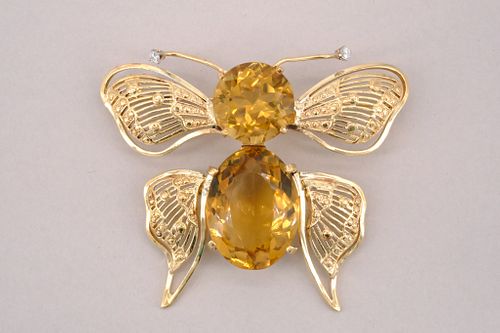 Large 14K Gold Citrine & Diamond Butterfly Brooch