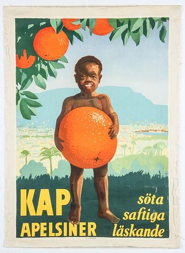 Original Mid 20th C Swedish Kap Apelsiner Advertising Poster