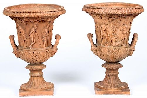 Pair Antique Terracotta Twin Handled Campana Urns