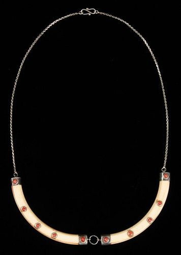 Antique Ivory, Silver and Inset Coral Necklace