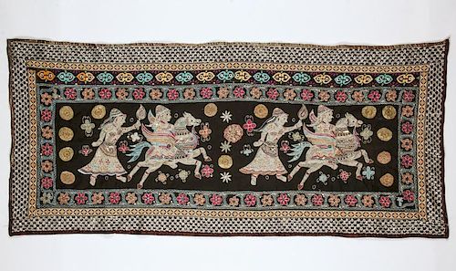 Vintage Burmese Silk Embroidered Tapestry