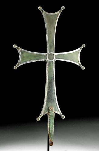 9th C. Byzantine Bronze Processional Cross Silver Gilt Trim