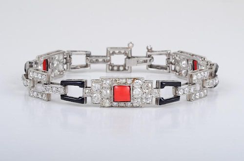 Art Deco Platinum Coral Enamel Diamond Bracelet