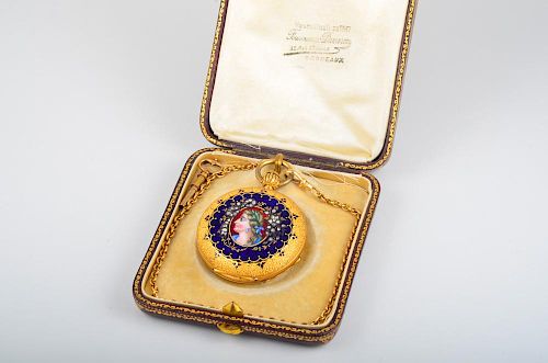 Beautiful Antique Gold Enamel Pocket Watch in Box