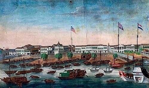Chinese School, 19thc, Harbor Scene with Factories at Canton