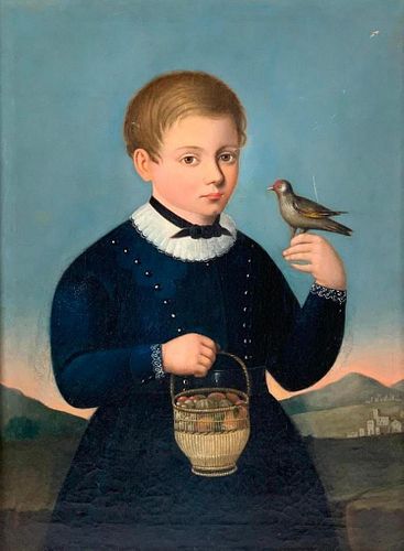 19thc. American or Continental School, Portrait, Boy with Bird