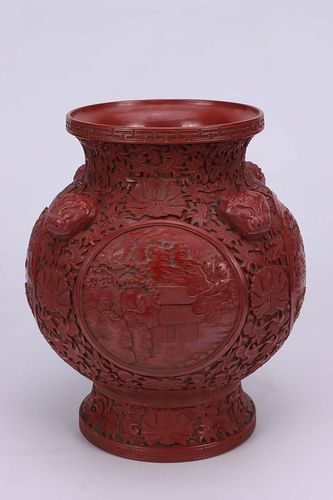 Carved Lacquerware Landscape Jar