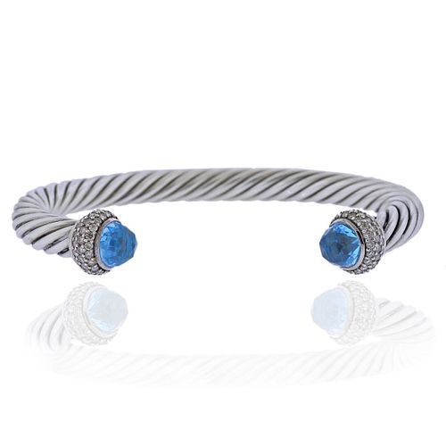 David Yurman Silver Blue Topaz Diamond Cable Bracelet