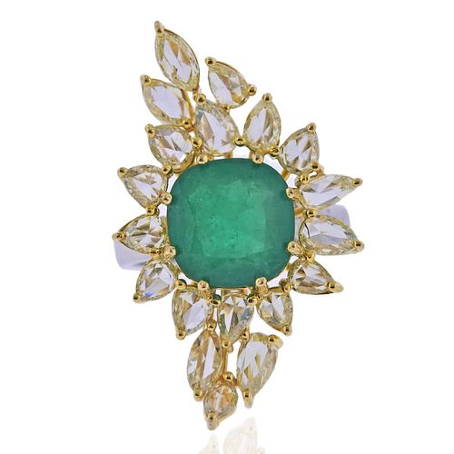18k Gold Rose Cut Diamond Emerald Ring