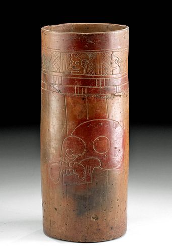 Tall Maya Incised Pottery Cylinder, Incised Skull