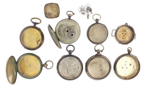 A lot of eight sterling and coin silver wrist and pocket watch cases