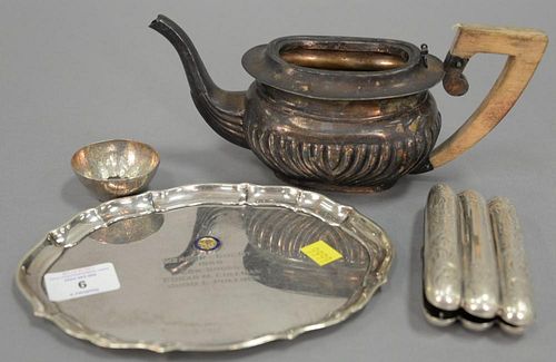 Sterling silver lot including teapot (no cover), cigar holder, small tray, and hand hammered cup. 17 t oz. teapot: ht. 4 1/4 in.