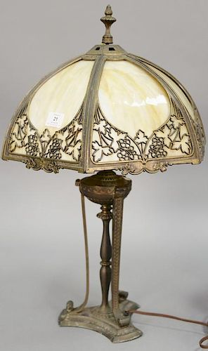 Carmel slag glass table lamp having Pairpoint two light lamp base and six panel shade.
