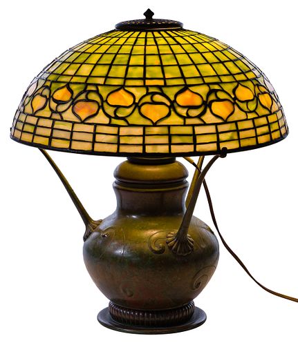 Tiffany Studios Patinated Bronze Lamp with Leaded Acorn Shade