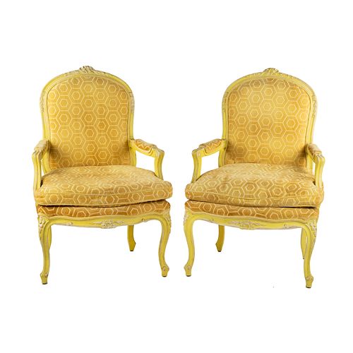(2) Pair of Louis XV Style Bergere Golden Yellow Chairs