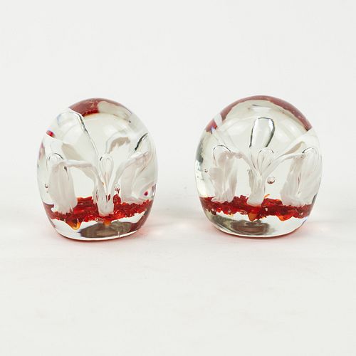 (2) Pair of Red Floral Glass Bookends / Paperweights