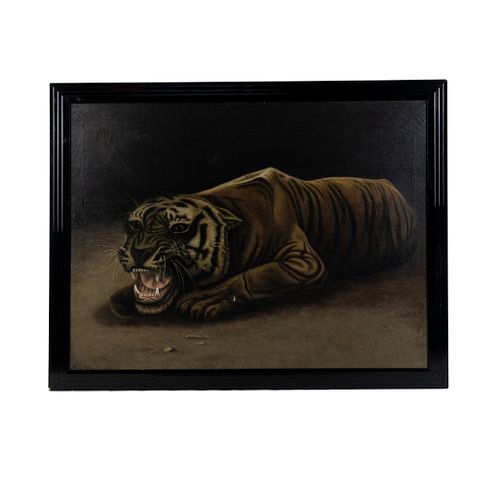 Antique Growling Tiger O/C Painting