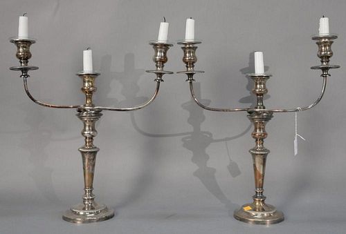 Pair of Sheffield plate, two branch candelabras, 19th century.  ht. 17 1/2 in.; wd. 16 in.  Provenance:  The Estate of Natal...