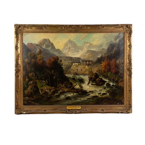 Swiss Mountain Landscape O/C Painting Signed T. Moran