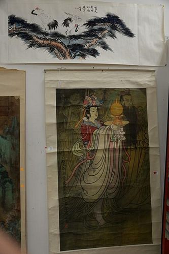 Two Oriental scrolls to include a watercolor with cranes and a watercolor on paper of a geisha with warrior figures. 51" x 30" and 1...
