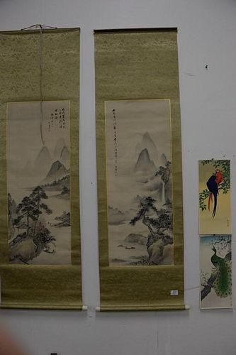 Two Oriental scrolls, watercolor landscape on silk. 34" x 13" image size