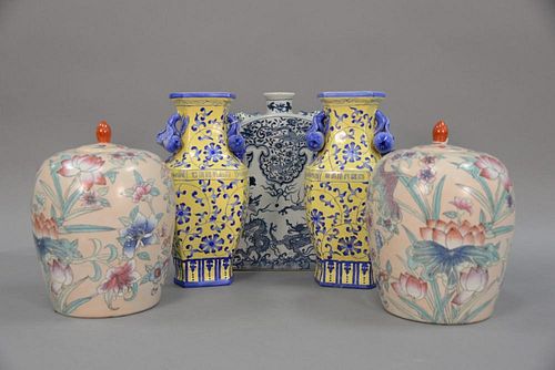 Five piece lot including Chinese bottle, two vases, and two covered jars. heights: 1 pair 12 in.; 1 pair 16 in.; single 15 in.