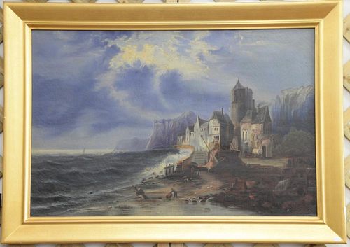 F.C. Martin oil on canvas stormy night in coastal mountainous town, signed lower left F.C.Martin, 24" x 36".