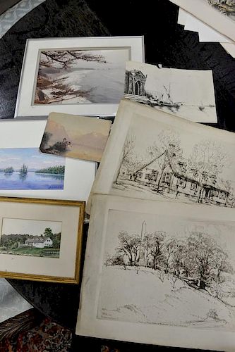 Group of seven pieces to include two Ernest David Roth etchings Home of Mary Washington and Tomb of Mary Mother of Washington Freder...
