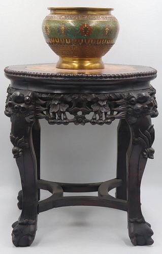 Chinese Marble Top Stand and Cloisonne Vase.