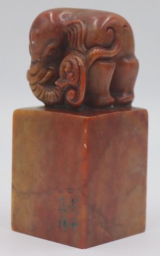 Signed Carved Soapstone Seal of an Elephant.