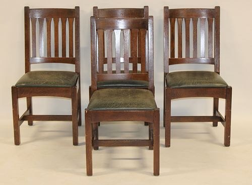 4 Stickley Audi Oak Arts And Crafts Style Chairs.