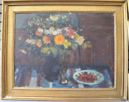 Oil on canvas Still Life of Flowers and Fruit, unsigned. 23 1/4" x 31"