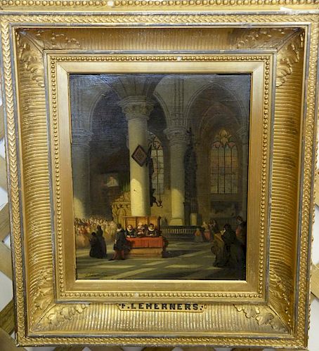 Leherners oil on canvas 19th century interior church signed lower left F. Leherners, 12 3/4" x 10 1/2".