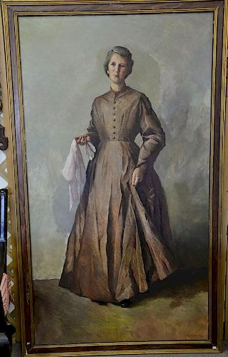 Roger Wilson Dennis (1902-1996), oil on canvas full length portrait of a woman "The Brown Dress 1850", signed lower right Roger Denn...