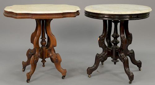 Two Victorian marble top tables (one shaped top cracked marble). dia. 28 in.