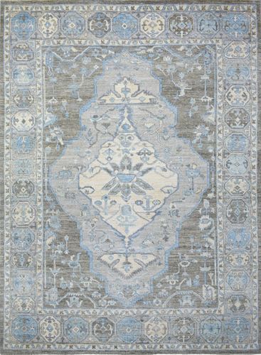 Charcoal Gray and Blue Oushak Hand Knotted Wool Oriental Rug