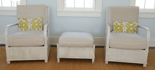 Pair of White Cerused Rattan and Wood Open Armchairs and Ottoman