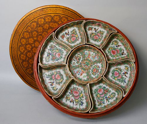 Antique Rose Medallion Condiment Set in Fitted Lacquer Box