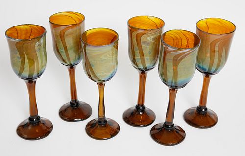 Set of 6 Art Glass Stemmed Glassware, Maker's Signature "Atelier Bernard"