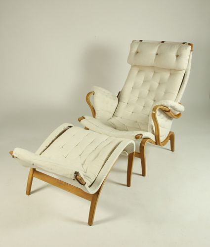 Vintage Bruno Mathsson Pernilla Lounge Chair and Stool, for Dux Sweden