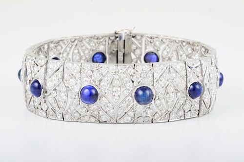 French Art Deco Sapphire Platinum Diamond Bracelet