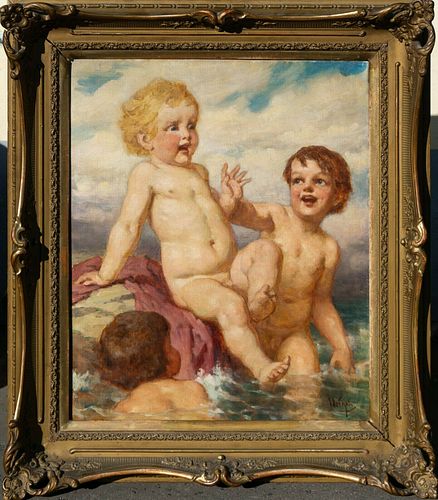 PORTRAIT OF BATHING CHILDREN OIL PAINTING